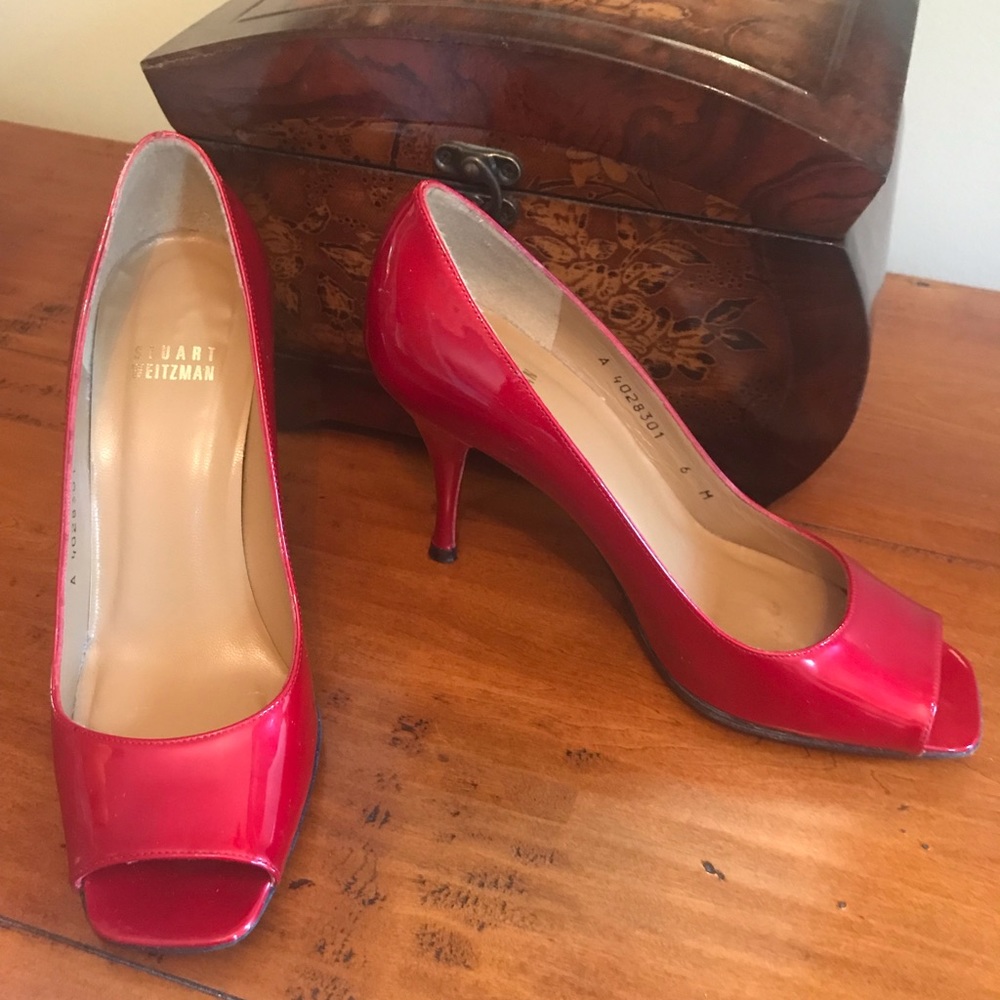 Stuart Weitzman Red Patent Open Toe High Heel - image 1